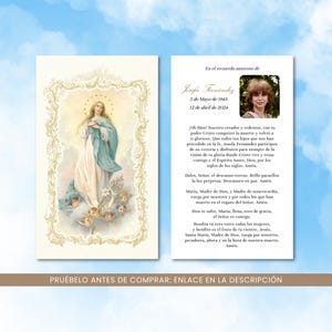 Virgin Mary Funeral Prayer Cards in Spanish, Tarjeta de oración conmemorativa de Nuestra Señora de la Asunción, en memoria amorosa oración