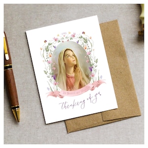 Tarjeta de felicitación católica tradicional / Tarjeta "Pensando en ti" / Tarjeta imprimible "A Jesús a través de María" para regalo católico, tarjeta vintage de la Virgen María