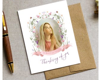 Tarjeta de felicitación vintage de la Virgen María: Un pensamiento católico para ti (descarga digital)
