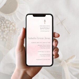 Editable Pink Ombre Watercolor Baptism Electronic Invitation Template | Baptism Invitation | Electronic Smartphone Baptism Girl Evite Corjl