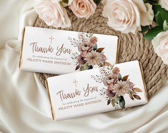 Rustic Floral Baptism Chocolate Bar Wrapper: Autumn Christening Favor (Corjl Template Digital Download