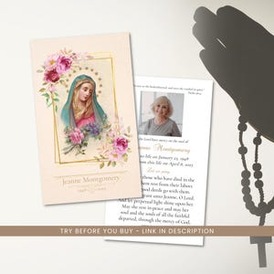 Carte de prière pour les funérailles de la Vierge Marie, cartes commémoratives catholiques, modèle traditionnel de carte de prière pour les funérailles de la Vierge Marie, cartes commémoratives modifiables
