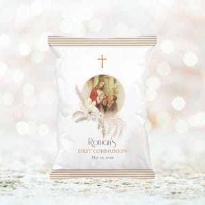 First Communion Chip Bag Favors for Boys - Customizable Snack Wrapper - First Holy Communion Party Favor - Editable Template for Parties