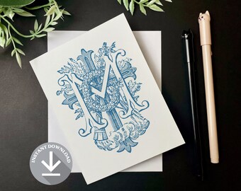 Vintage Marian Emblem Greeting Card | Catholic Stationery (Digital Download)