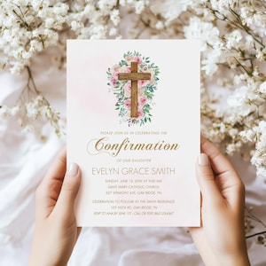 Pink Floral Confirmation Invitation and Evite, Custom Printable Template for Catholic Girls, Editable Digital Religious Invite Download