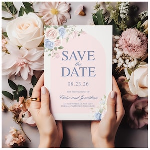 Save the Date-kaarten, roze en stoffige blauwe bloemen bruiloft sjabloon, bewerkbare digitale uitnodiging, aangepaste Save the Date ontwerp, bewerkbare sjabloon