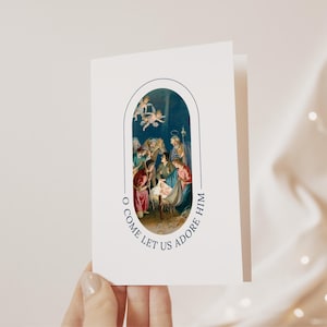 Cartão de Natal da Sagrada Família Vintage | Cartão de Saudação Católico | Cartão de Natal Religioso com Natividade, Cartão de Natal para Imprimir para Cristãos