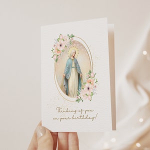 Cartão de aniversário mariano vintage | Cartão de felicitações católico | Cartão de aniversário católico para impressão para presente católico, download de cartão de aniversário religioso