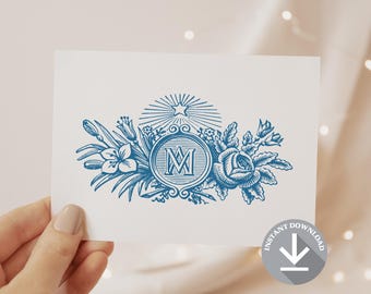 Tarjeta de felicitación con emblema mariano vintage / Papelería católica (Descarga digital)