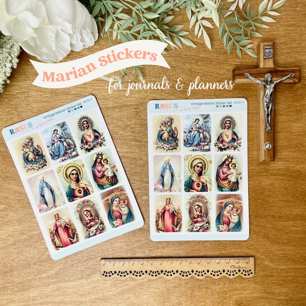 Vintage Virgin Mary Sticker Sheets, Catholic Stickers Mary and Baby Jesus, Vintage Catholic Images, Immaculate Heart, Gift for Catholics