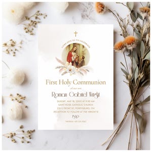 Boy First Communion Invitation Template, Digital Download, First Eucharist Invite for Boys, Vintage Jesus Illustration, Customizable Invite