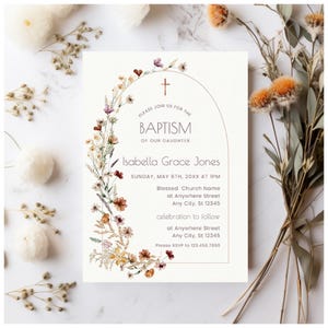 Wildflower Baptism Invitation Template - Baptism Invitation - Editable Floral Invite - Girl Baptism -  Christening Invitation Download