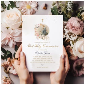 Catholic Girl First Communion Invitation Template, Digital Download First Eucharist, Vintage Jesus Illustration, Customizable Corjl Invite