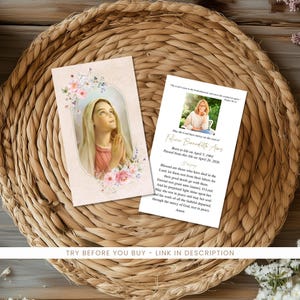 May include: Two memorial cards with floral and religious imagery. One card features a portrait of a woman with a floral border. The other card has a photo and text about a person's life and death. The text reads "May the Lord have mercy on the soul of Felicia Bernadette Arms."