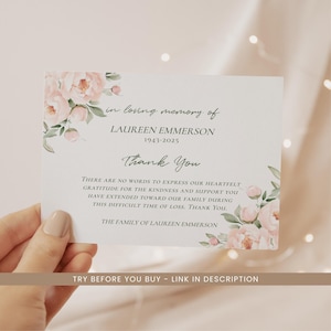 Carte de remerciement après les funérailles - carte de remerciement florale funéraire rose poudré - carte commémorative fleur de pivoine - carte de remerciement imprimable en téléchargement numérique