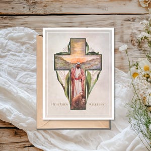 Carte de voeux de Pâques ressuscité, carte de voeux catholique, carte postale vintage restaurée, carte-cadeau imprimable pour chrétiens, carte Jésus vintage