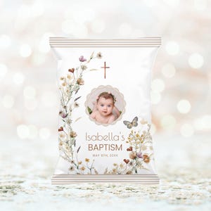 Boho Wildflower Baptism Chip Bag Favors - Customizable Snack Wrapper - Baby Girl Baptism Party Favors - Christening Party Editable Template