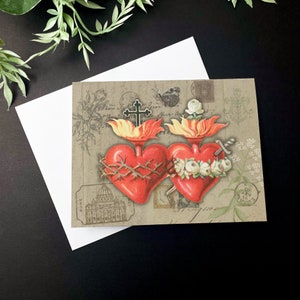 Vintage Holy Hearts Greeting Card | Catholic Greeting Card | Sacred Heart, Immaculate Heart Card for Catholic, Catholic Office Stationery