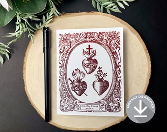 Vintage Holy Family Hearts Greeting Card | Catholic Stationery (PDF)