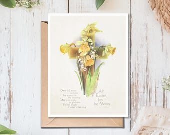 Vintage Easter Greeting Card: Daffodil Cross, Catholic Joy (Digital Download)