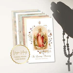 Katholieke gebedskaarten voor begrafenis | Katholieke herdenkingskaarten | Bundel van 8 bewerkbare sjabloon voor gebedskaarten voor de begrafenis van de Heilige Maagd Maria