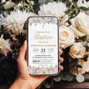 Watercolor Roses Rustic Baptism Electronic Invitation Template | Baptism Invitation | Rustic Girl Baptism Invitation Instant Download Evite