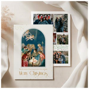 Vrolijke fotokaart kerststal | Kerstfotokaart | Bewerkbare Corjl-sjabloon Gezinsfotokaart, digitale christelijke feestdagfotokaart