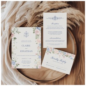 Katholieke huwelijksuitnodigingssuite – Vintage Marian Auspice, bewerkbare sjabloon voor kerkhuwelijksuitnodiging met kaart voor RSVP en details, wo 004