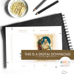 May include: Printable Christmas card featuring a vintage illustration of the nativity scene with Mary, Joseph, and baby Jesus. The card is 4.25 inches by 5.5 inches and is designed to be printed at 100%.
