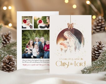 May include: A Christmas card with a collage of family photos and a religious image of Mary and baby Jesus. The card has the text "O come let is adore him, Christ the Lord" and "Glory to God in the highest! May the wonder love fill you with unending joy this Christmas."