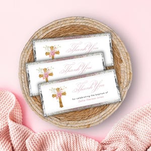 Pink Baby's Breath Baptism Chocolate Bar Wrapper Template | Party Favor Printable | Baptism Favor, Custom Girl Baptism Favor Corjl Template