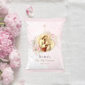 Girl First Communion Chip Bag Favors - Customizable Snack Wrapper - Vintage Catholic Party Favors - First Communion Party Editable Template