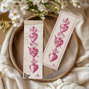 Catholic Bookmark Printable - Set of 3 Digital Downloads - Catholic Valentine Bookmark - Vintage Holy Hearts Bookmark - Instant Download