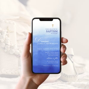 Editable Blue Ombre Watercolor Baptism Electronic Invitation Template | Baptism Invitation | Electronic Smartphone Baptism Boy Evite Corjl