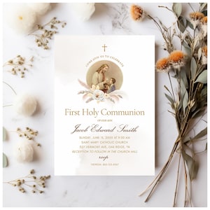 First Communion Invitation Template for Catholic Boys, Digital Download First Eucharist, Vintage Jesus Illustration, Customizable Invite