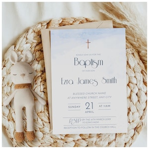 Boy Baptism Digital Invitation with Cross - Baptism Invitation Suite - Christening Invitation Editable Baptism Invite - Christening Baby Boy