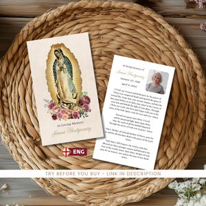 Our Lady of Guadalupe Funeral Prayer Cards, Editable Memorial Cards, Custom Prayer Cards, In Loving Memory Prayer for a Loved One 2.5x4.25in