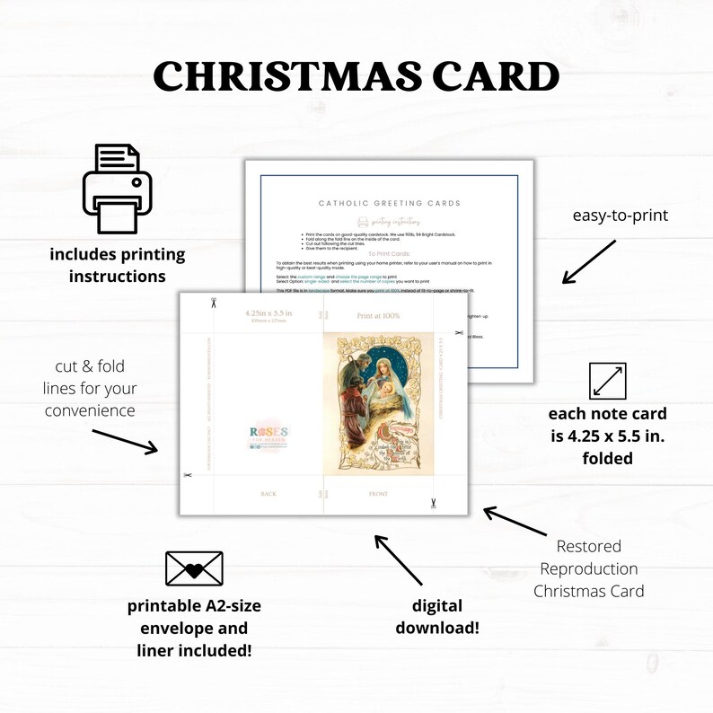 May include: Printable Christmas card featuring a vintage illustration of the Nativity scene. The card is 4.25 inches by 5.5 inches when folded. It includes printing instructions, cut and fold lines, and a printable A2-size envelope and liner.