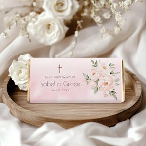 Blush Pink Chocolate Bar Wrapper - Baptism Favor - Printable Template - Customizable Design - Unique Christening Favors - Pink Watercolor