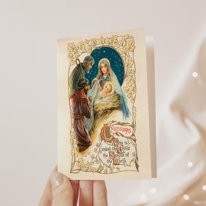 May include: A vintage Christmas card featuring a depiction of the Nativity scene. Mary, Joseph, and the baby Jesus are surrounded by a starlit sky and a golden border. The text reads "Christmas, This is indeed the Christ the Saviour of the World."