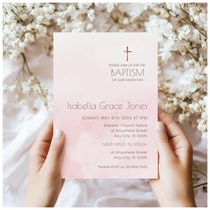Beautiful Pink Ombre Baptism Invitation - Printable - Unique Design for Girls - Easy to Customize - Pink Ombre Watercolor Communion Invite