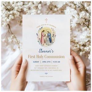 First Communion Invitation Template for Catholic Girls, Digital Download First Eucharist, Vintage Jesus Illustration, Customizable Invite
