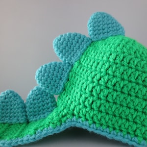 May include: Green and blue crocheted dinosaur hat with a long tail. The hat has a pointed top and a row of blue spikes along the back.