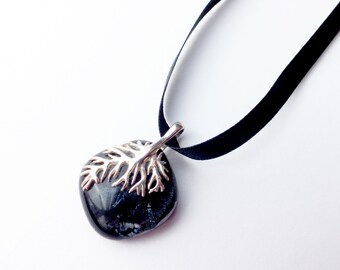 SOLD OUT** Handmade Black / Grey Fused Glass Pendant Necklace with Sterling Silver Bail and Chain