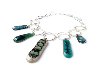 Fused glass handmade necklace, sterling silver necklace, statement jewellery, one of a kind necklace, turquoise jewelry, dichroic glass