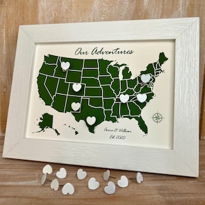 Mini carte personnalisée en toile des États-Unis avec punaises, mini carte personnalisée des États-Unis, cadeau en coton pour deuxième anniversaire, 10 punaises coeur gratuites