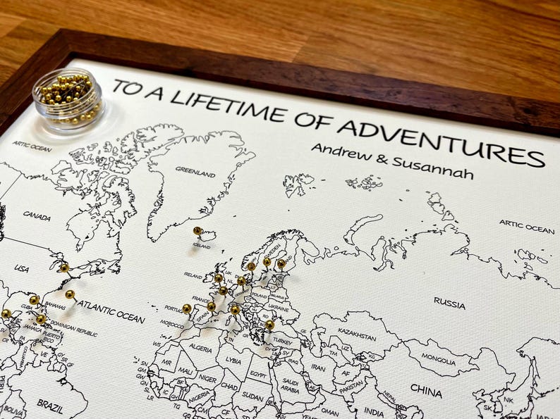 Personalized World Canvas Push Pin Map, Travel Tracker, 100% Cotton Canvas, Second Anniversary Gift