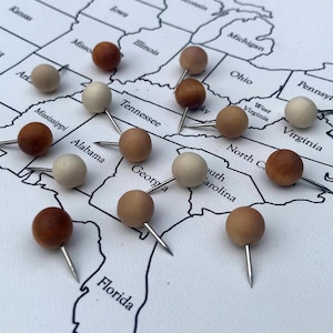 May include: A map of the United States with push pins in various shades of brown and white. The pins are placed on different states, including Florida, Georgia, Alabama, Mississippi, Tennessee, Kentucky, Ohio, Michigan, Pennsylvania, Virginia, North Carolina, South Carolina, and Arkansas.