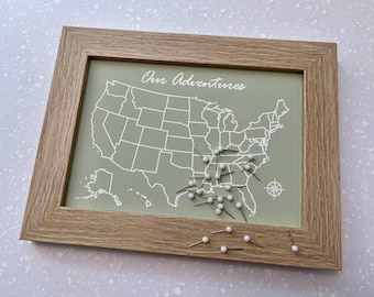 Framed USA Travel Map – "Our Adventures" Push Pin, Cotton Anniversary