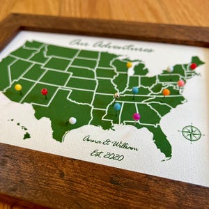 Personalized - Framed Mini Canvas Push Pin United States Map, Custom Mini US Map, Second Anniversary Cotton Gift, Engagement, 100 Free Pins